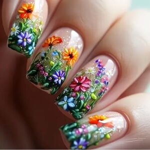 Designer 24Pcs Colorful Flowers Medium Square Glossy Press On Nails